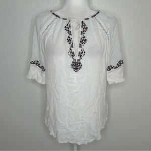 PAIGE Womens White Embroidered Tie-Neck Short Sleeve Boho Peasant Top Size L